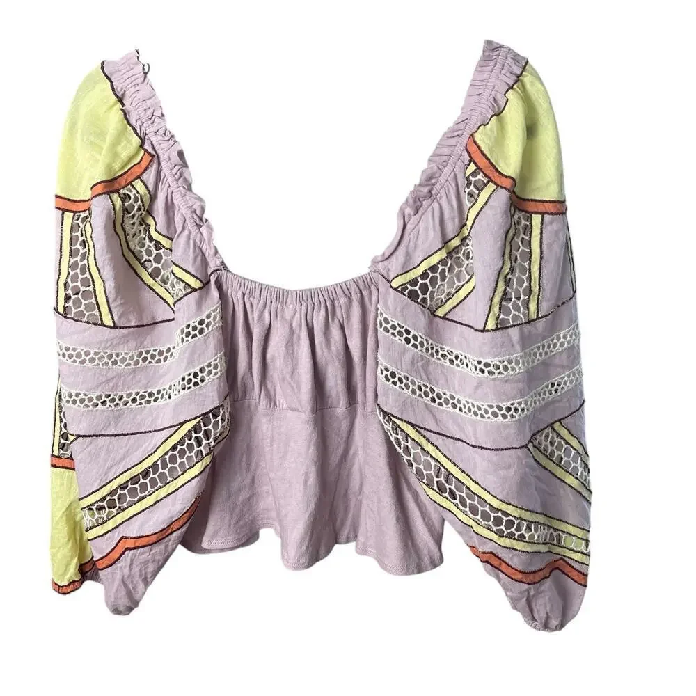 Free People Sunrise Sunset Crochet Cotton Crop, Y2K, Lavender Boho Festival  L
